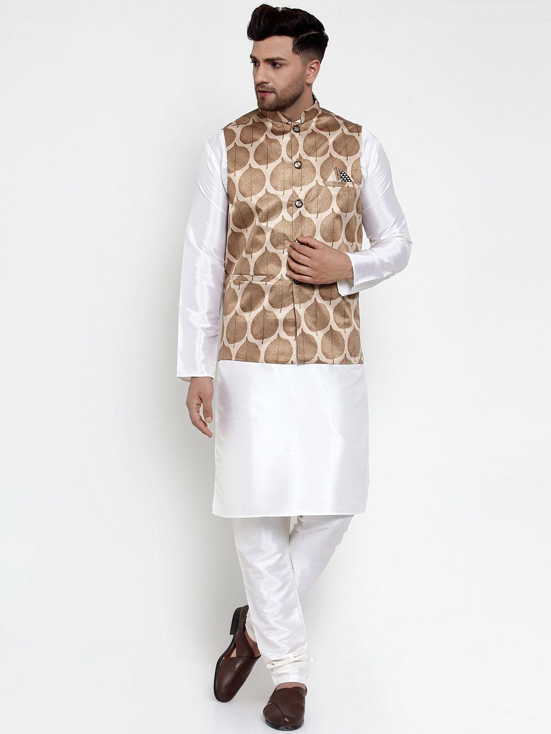 jompers men brown & off-white solid kurta set with nehru jacket