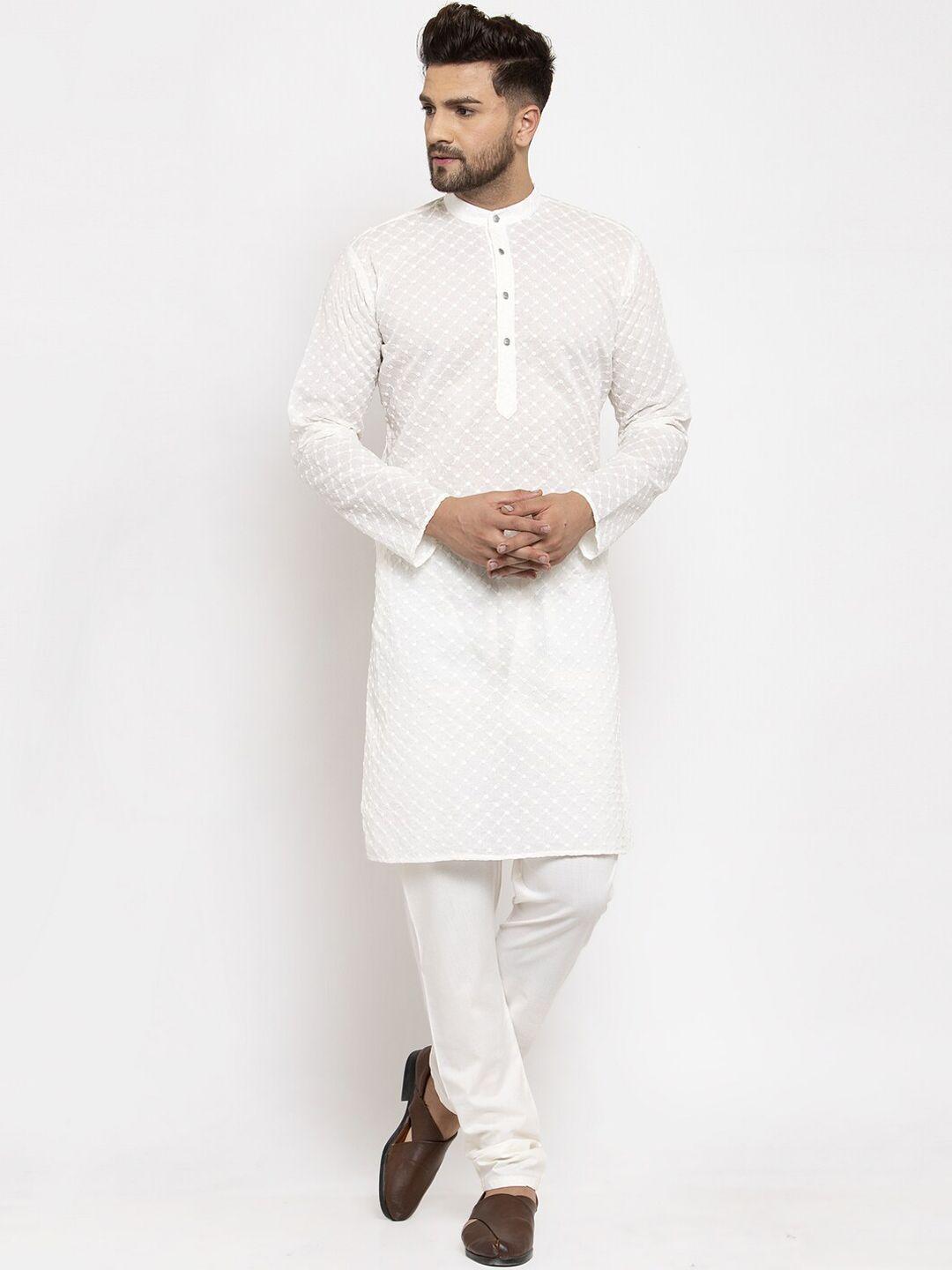 jompers men cream-coloured floral embroidered pure cotton kurta with churidar