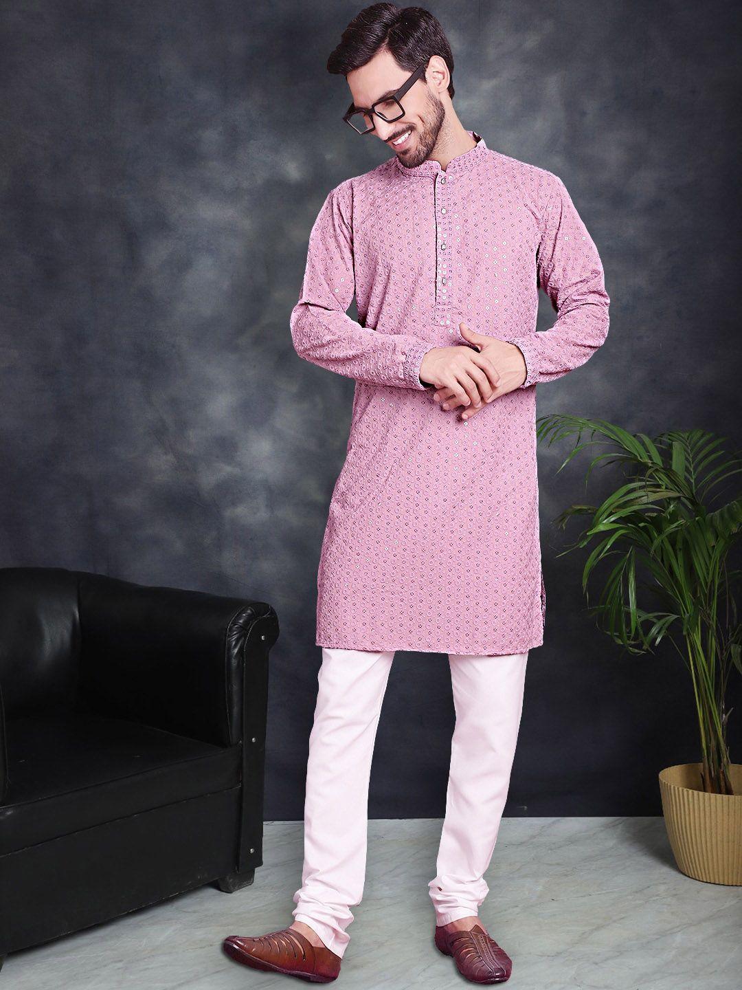 jompers men floral embroidered regular sequinned pure cotton kurta with churidar