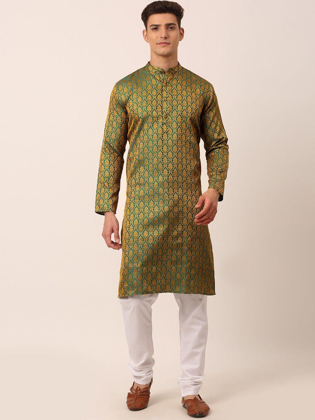 jompers men green & white woven design kurta with churidar