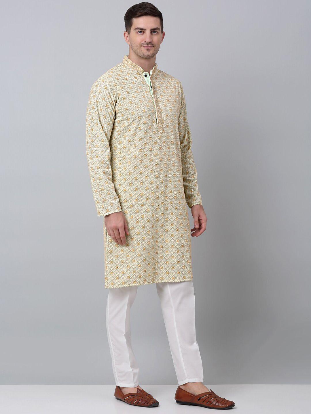 jompers men green embroidered regular sequinned pure cotton kurta with pyjamas