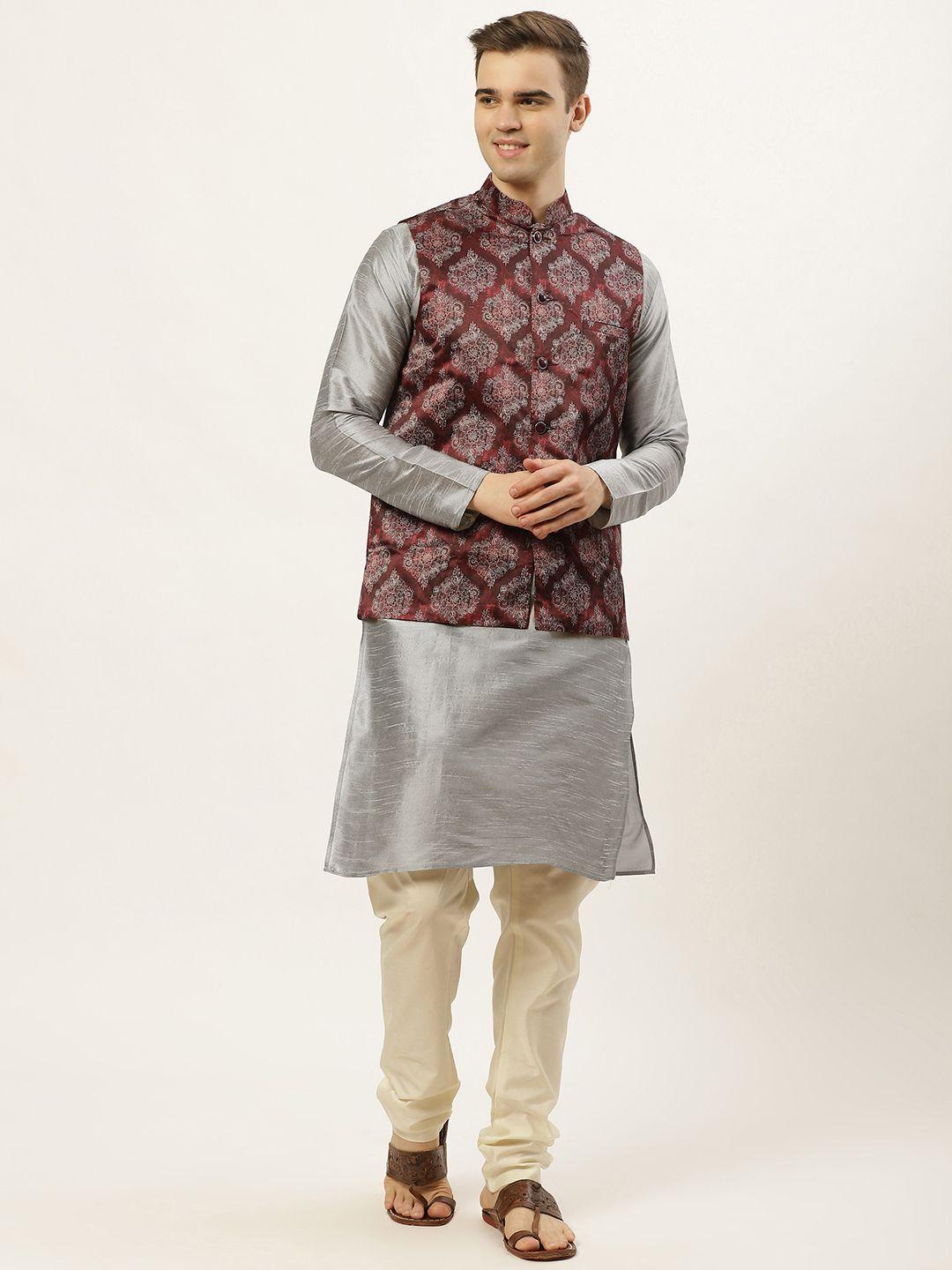 jompers men grey & beige solid kurta with churidar & printed nehru jacket