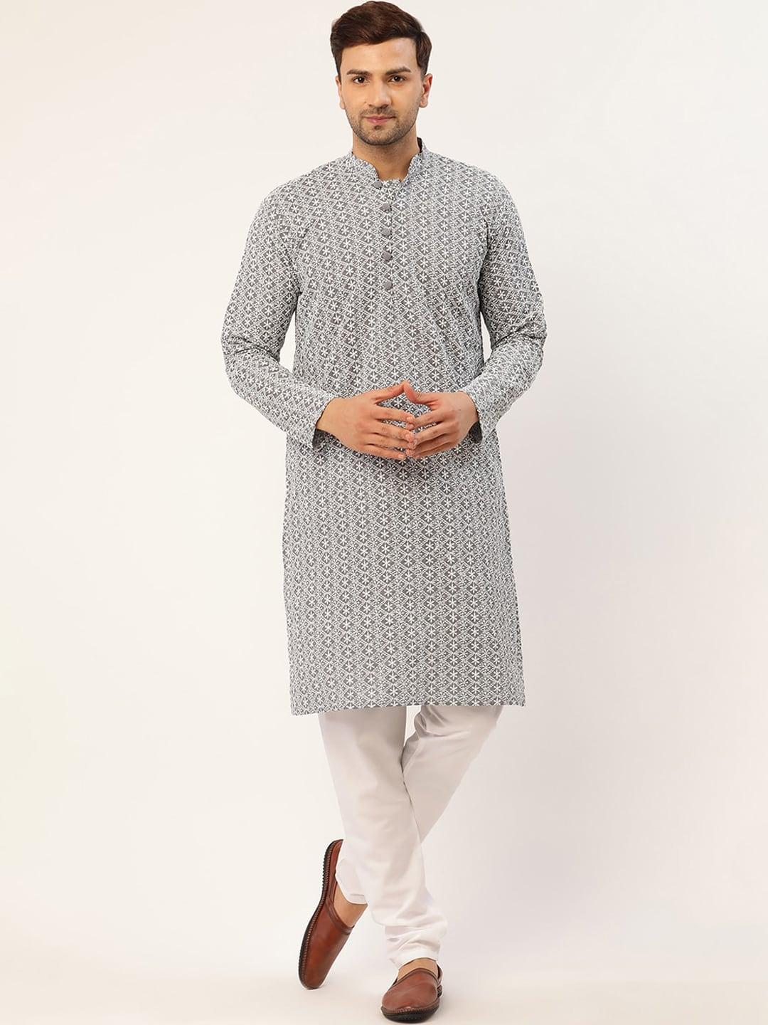jompers men grey & white embroidered pure cotton kurta set
