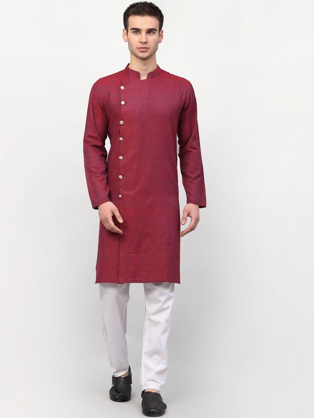 jompers men maroon & white angrakha pure cotton kurta with pyjamas