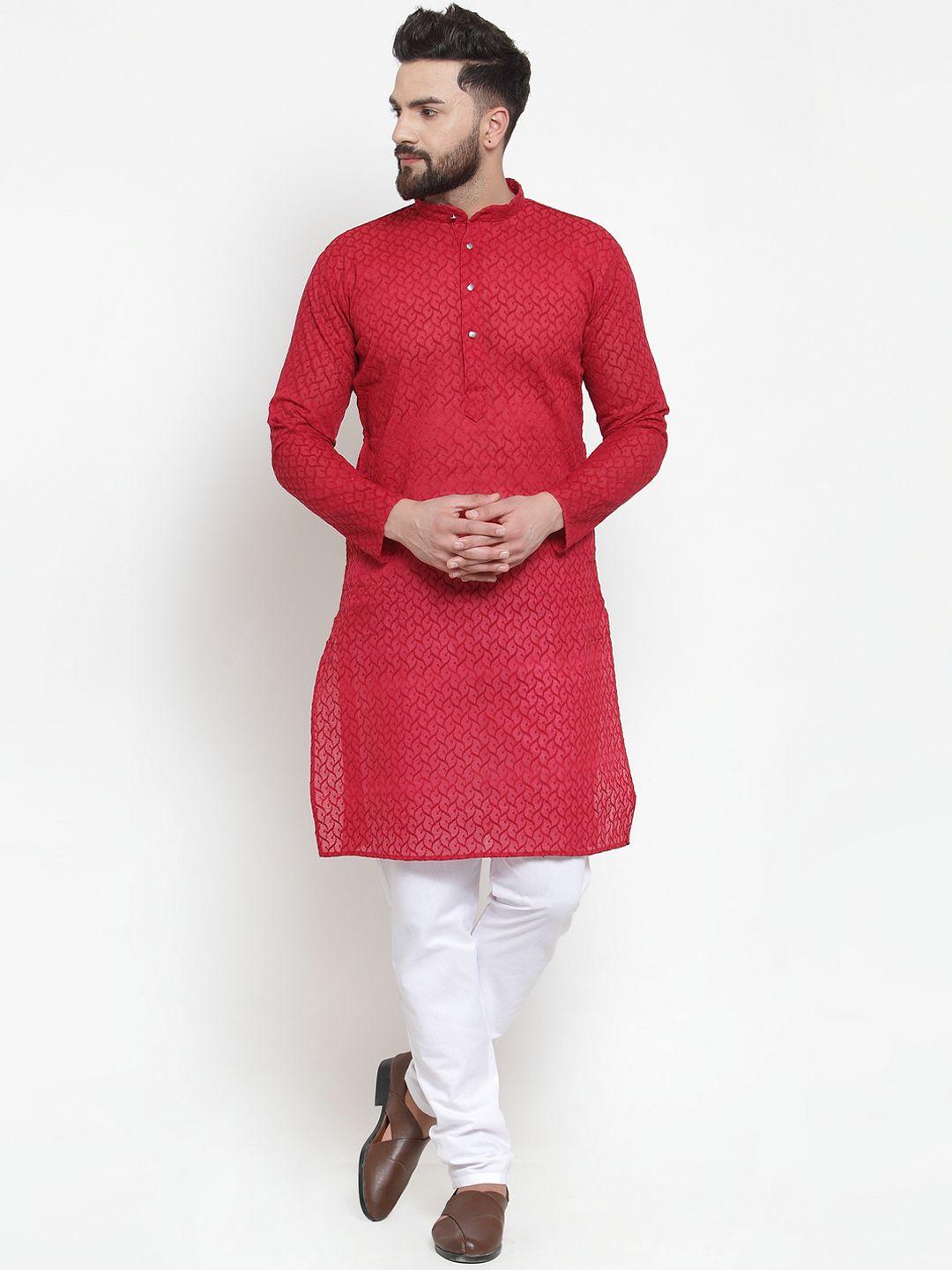 jompers men maroon & white embroidered kurta with churidar