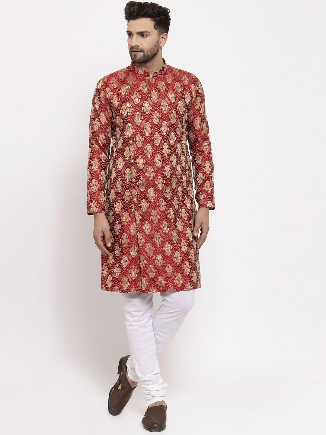 jompers men maroon & white printed kurta with churidar