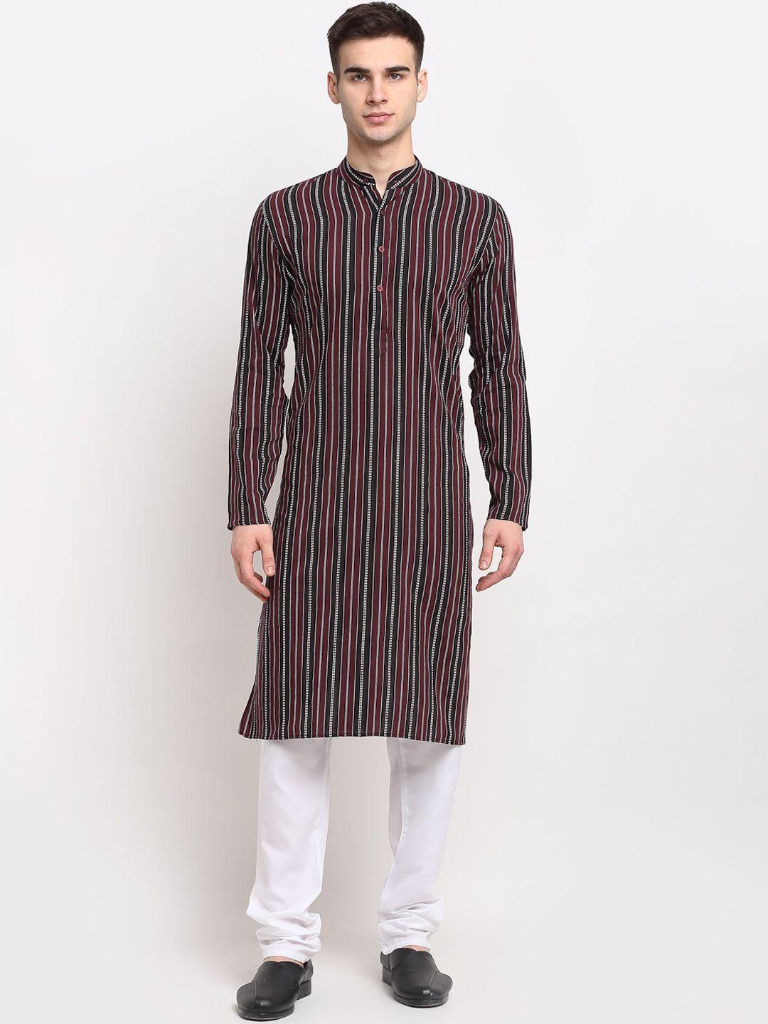 jompers men maroon & white striped pure cotton kurta with churidar