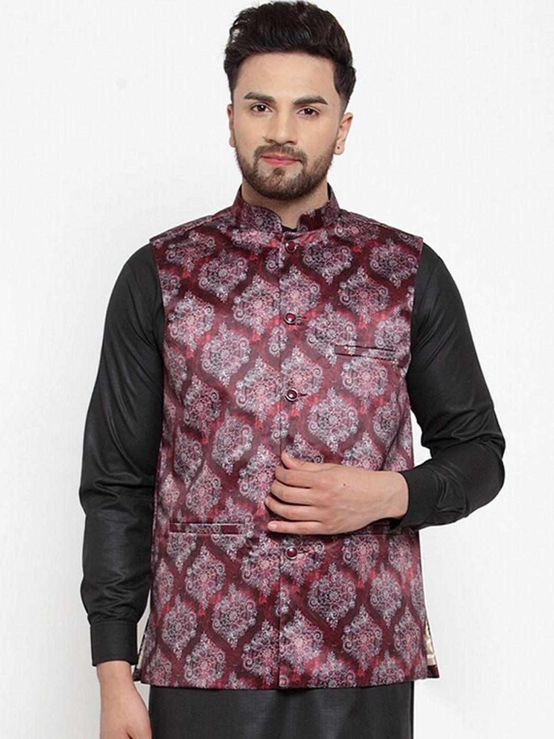 jompers men maroon ethnic motifs digital printed waistcoat