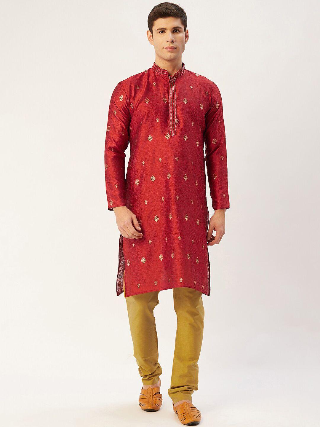 jompers men maroon ethnic motifs kurta with churidar