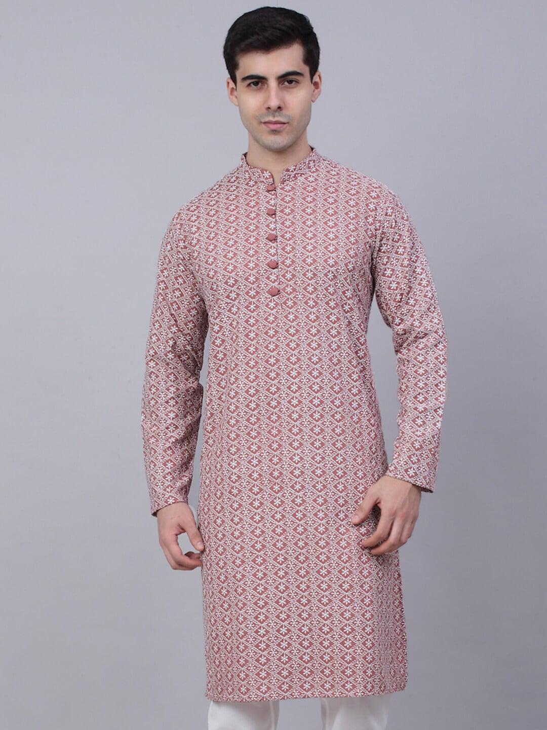 jompers men mauve ethnic motifs embroidered cotton kurta