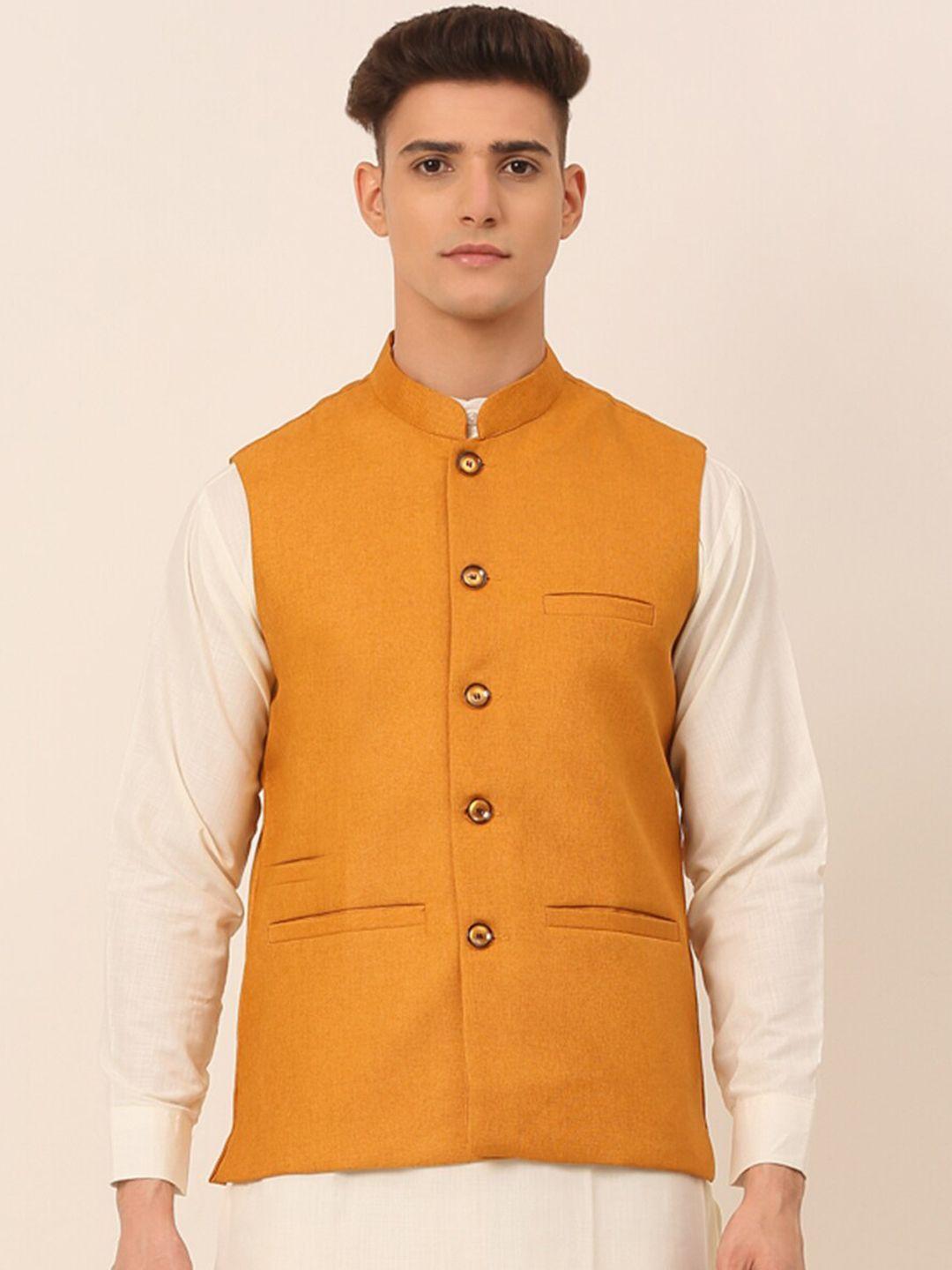jompers men mustard solid cotton woven nehru jacket