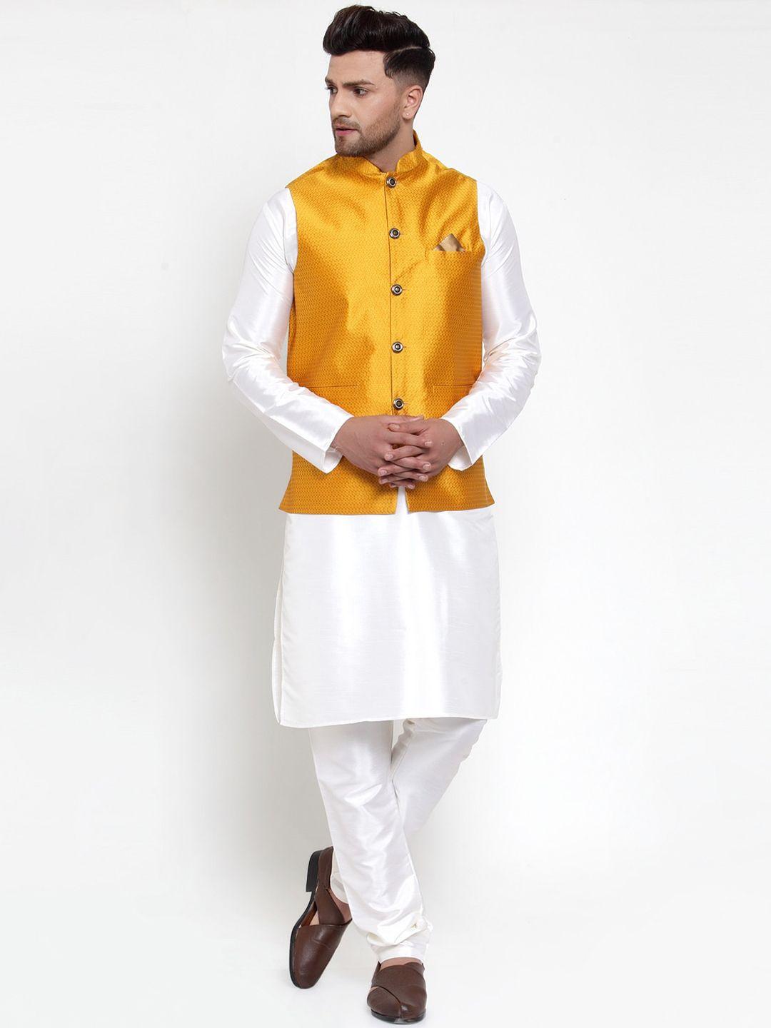 jompers men mustard yellow & off-white solid kurta set with nehru jacket