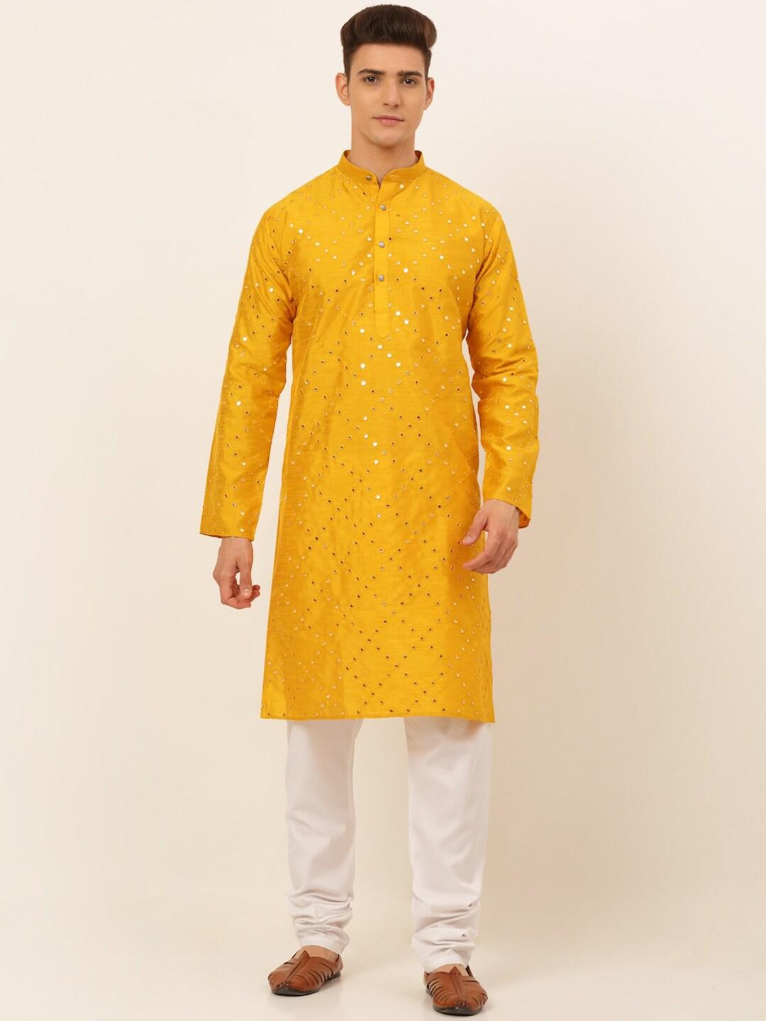 jompers men mustard yellow embroidered mirror work dupion silk kurta with pyjama set