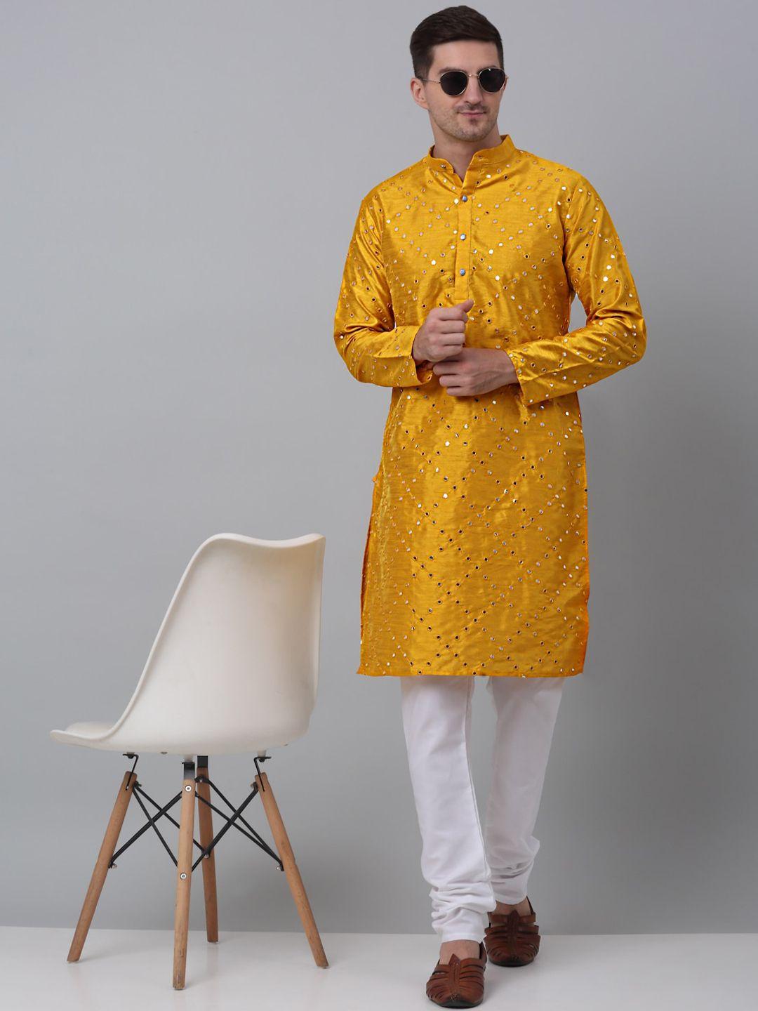 jompers men mustard yellow embroidered regular mirror work dupion silk kurta with pyjamas