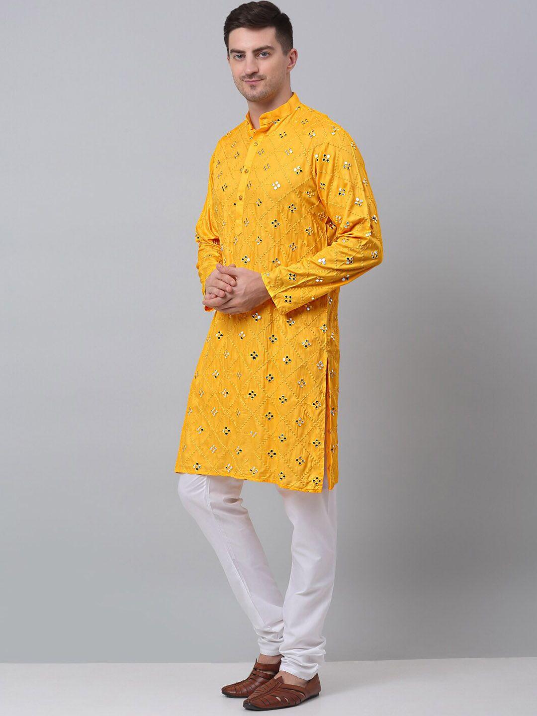 jompers men mustard yellow embroidered regular mirror work pure cotton kurta with churidar