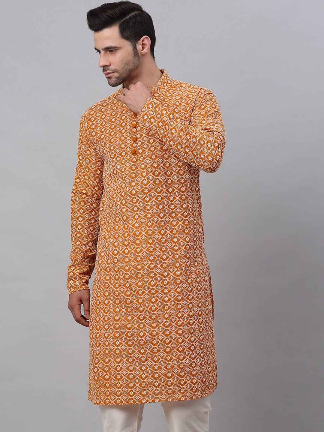 jompers men mustard yellow floral embroidered pure cotton kurta