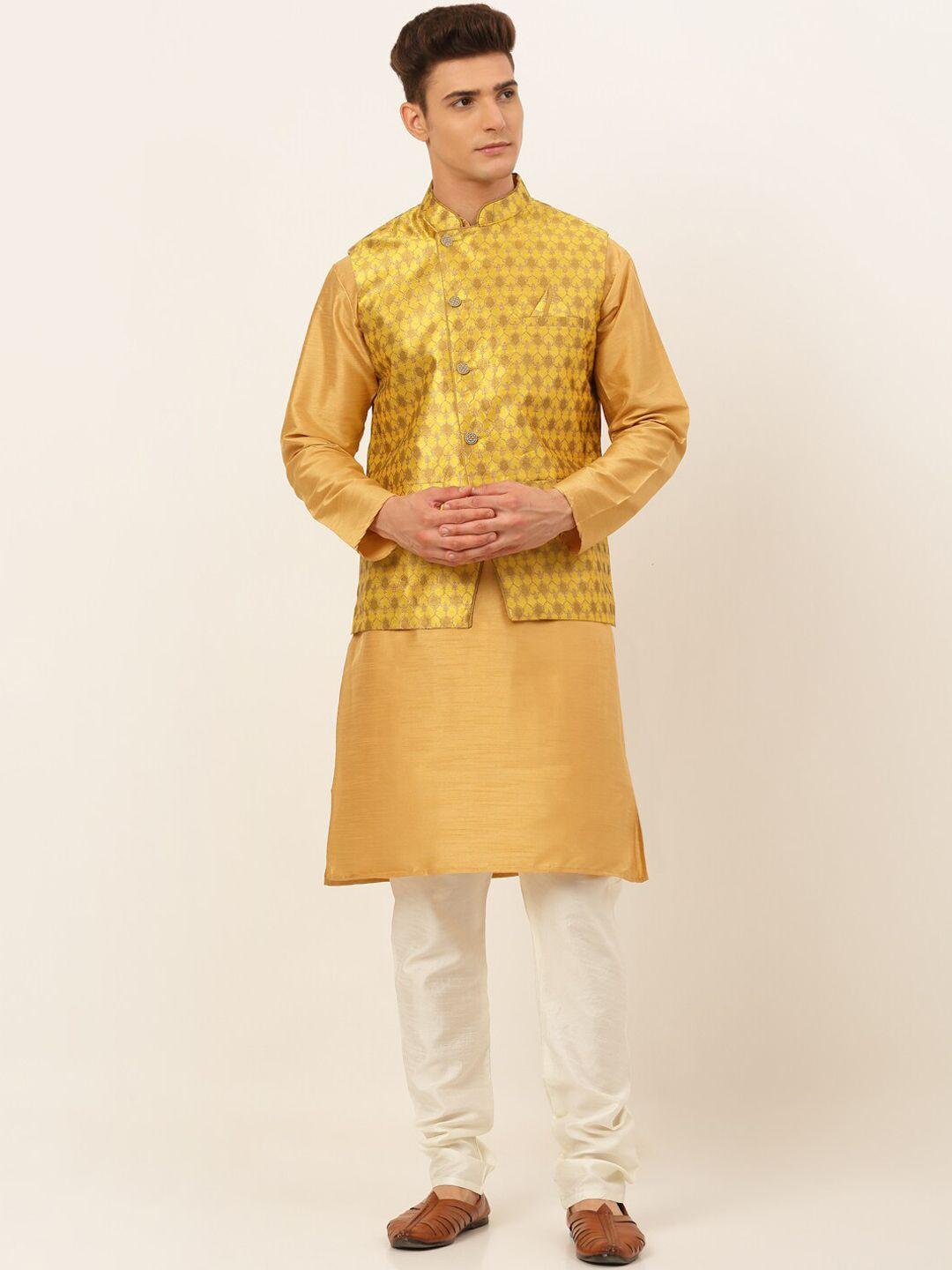 jompers men mustard yellow kurta with churidar & nehru jacket