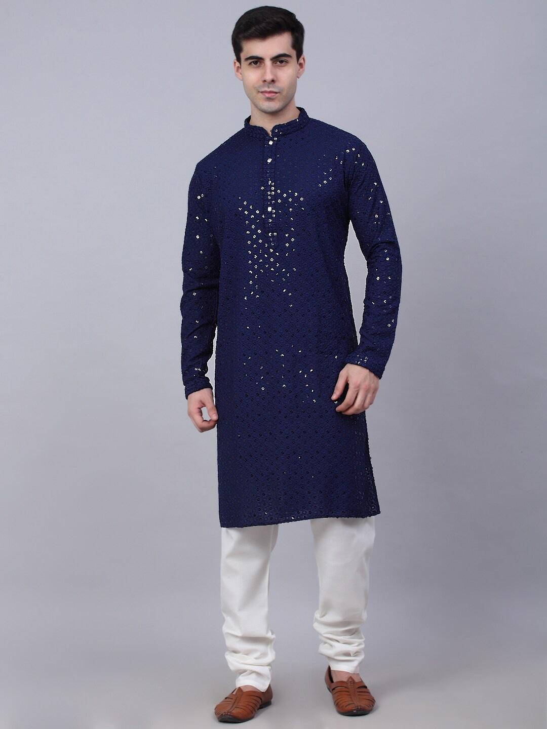 jompers men navy blue floral embroidered sequinned pure cotton kurta with churidar