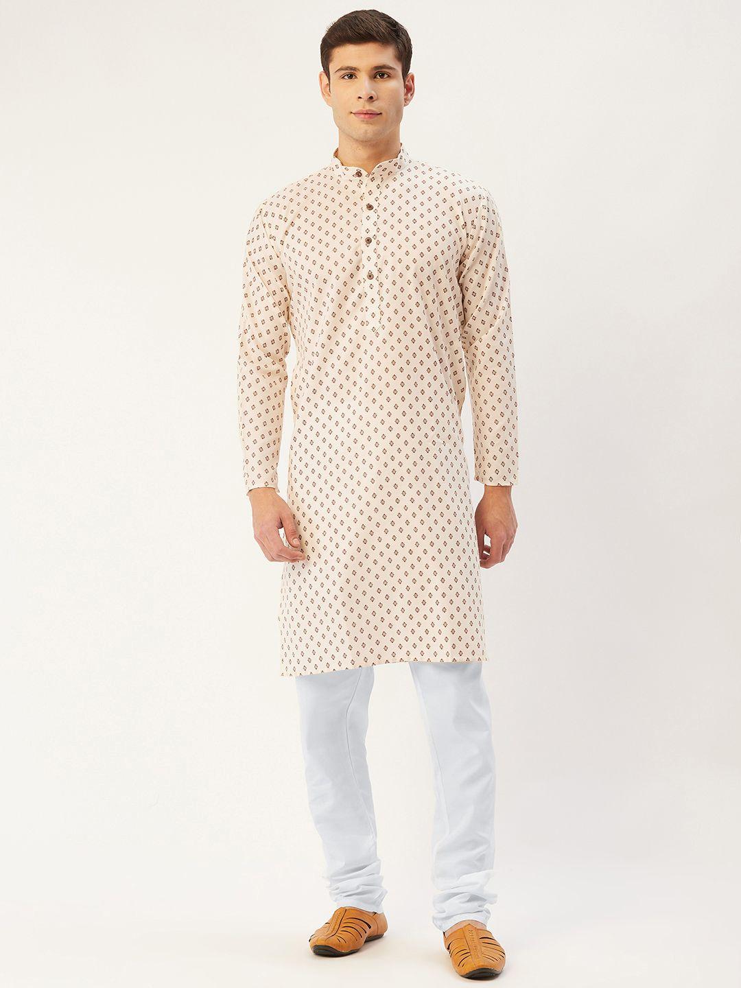 jompers men off-white printed pure cotton kurta with churidar