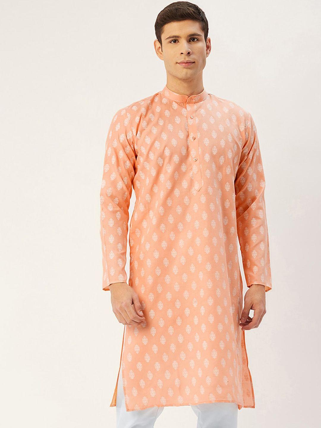 jompers men peach-coloured ethnic motifs thread work kurta