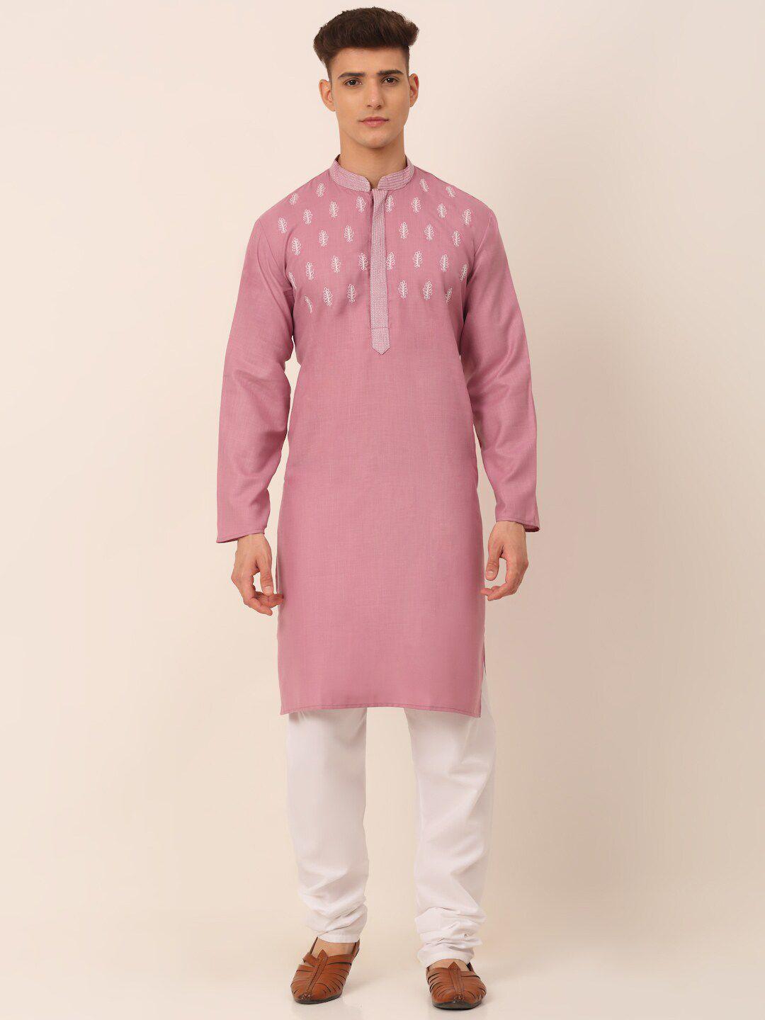 jompers men pink & white floral thread work pure cotton kurta with pyjamas