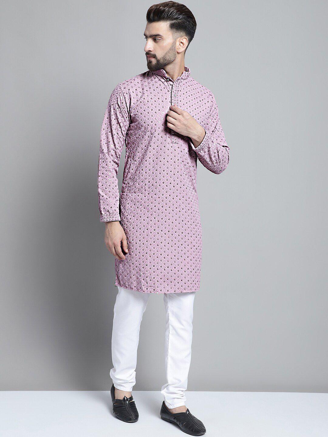 jompers men purple floral embroidered regular sequinned pure cotton kurta with churidar