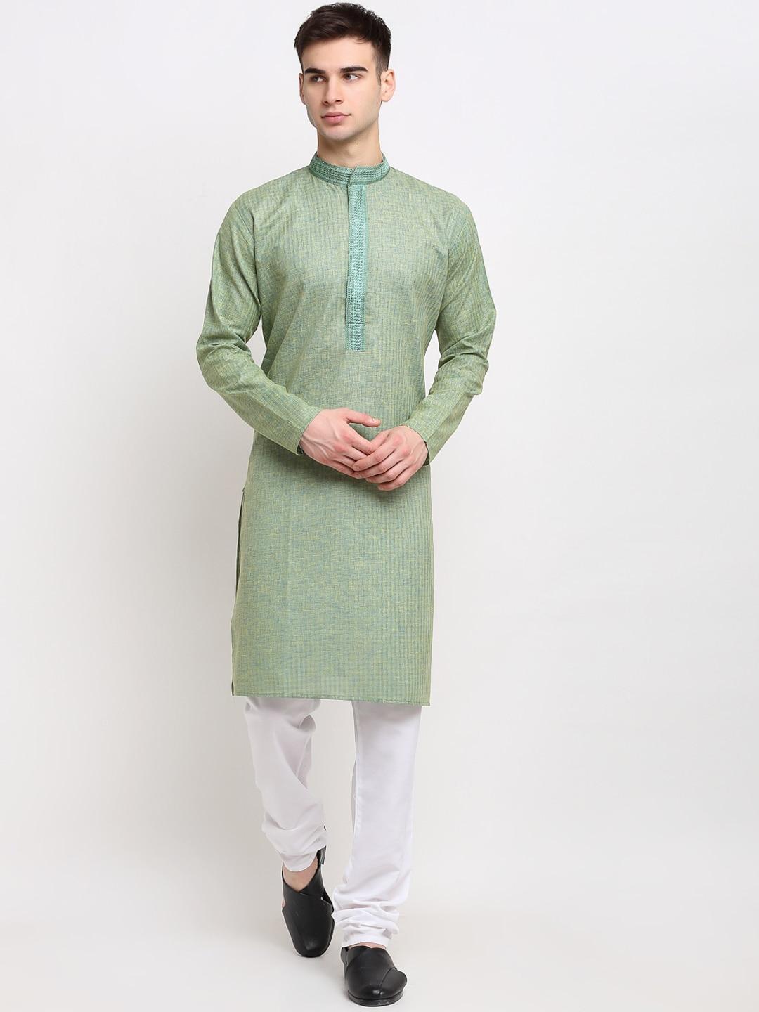 jompers men sea green & white thread work pure cotton kurta with churidar