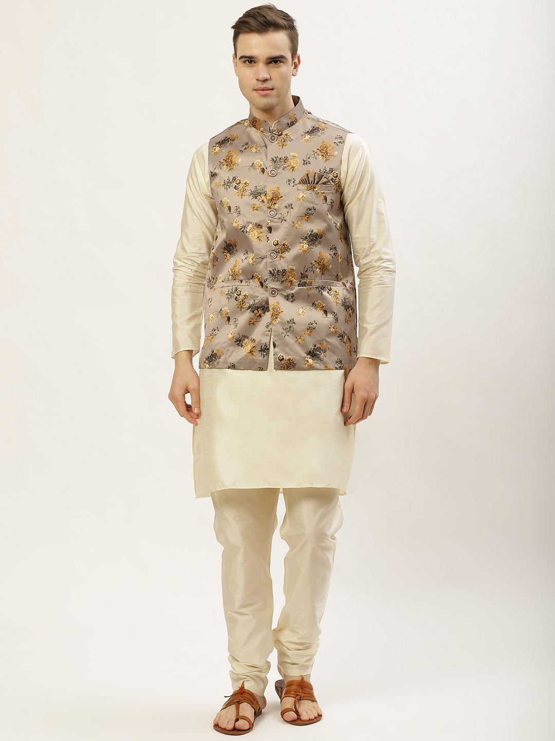 jompers men taupe ethnic motifs printed dupion silk kurta with churidar