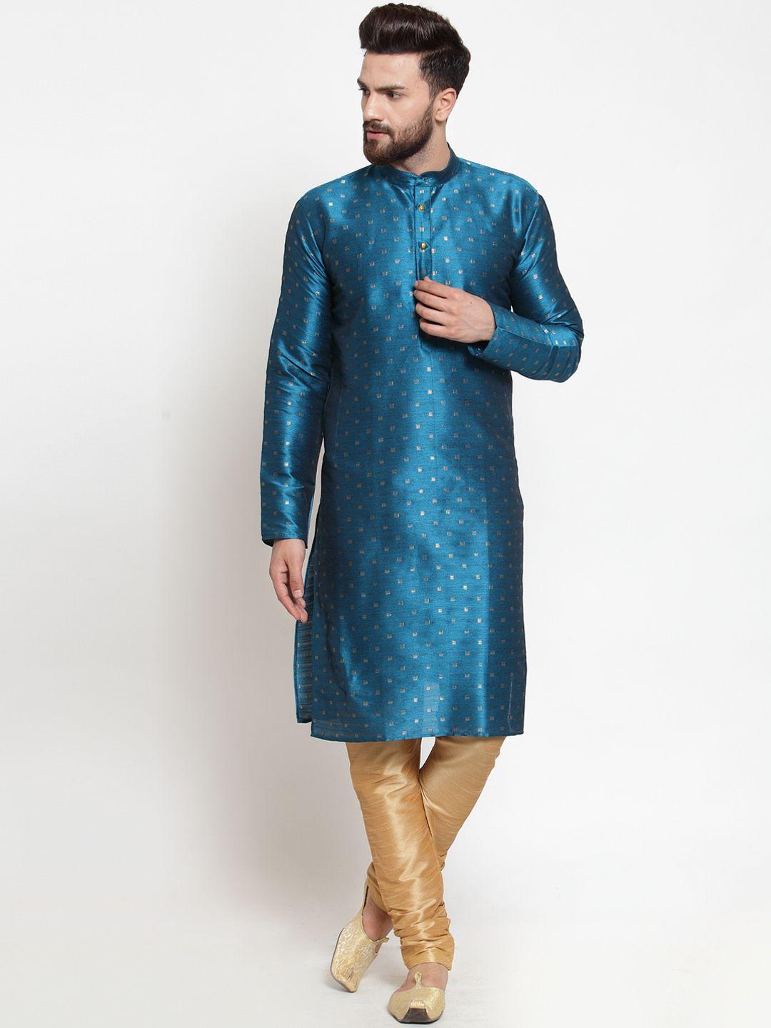 jompers men teal blue & gold-coloured self design kurta with churidar