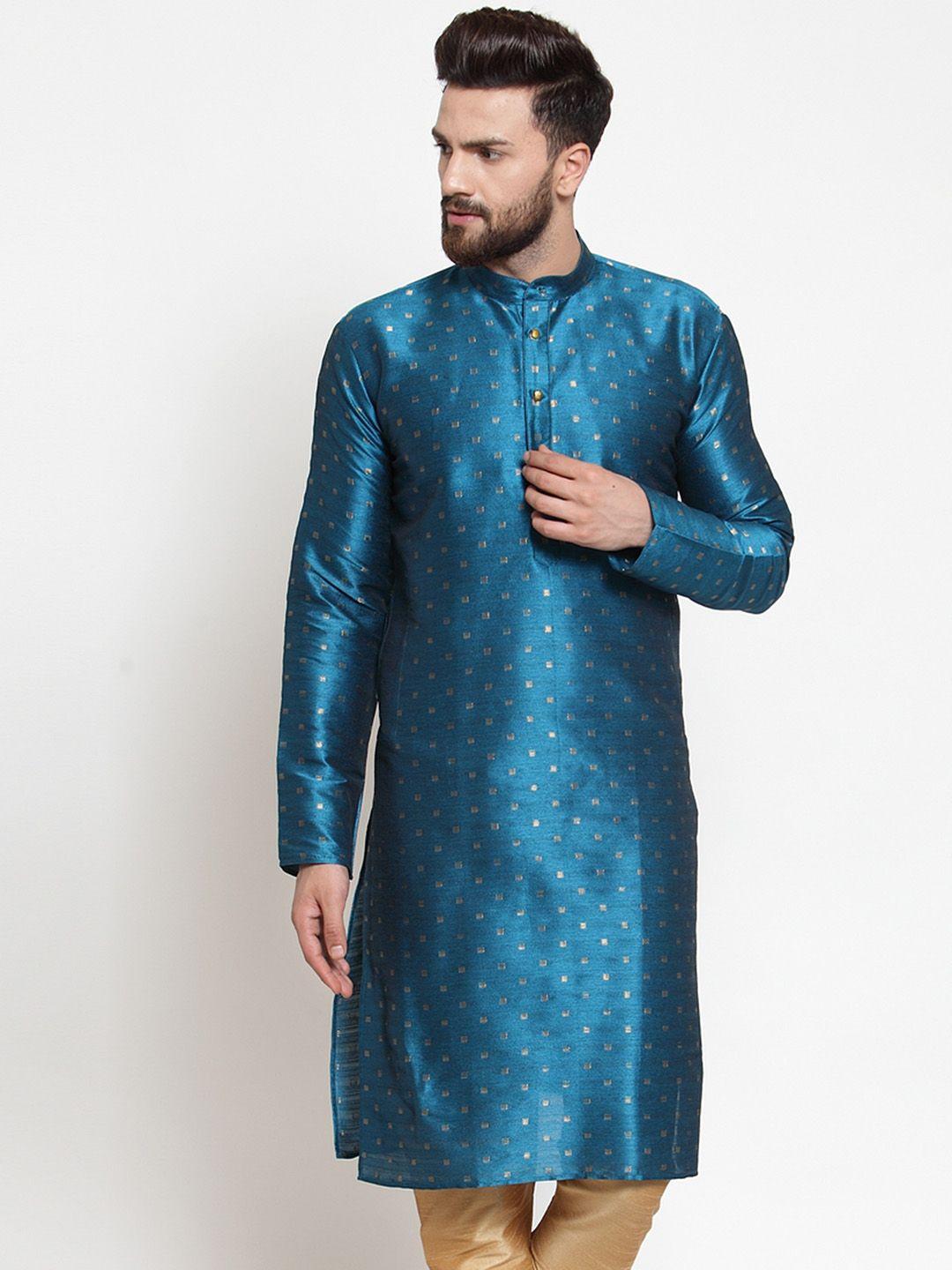 jompers men teal blue & gold-coloured woven design straight kurta