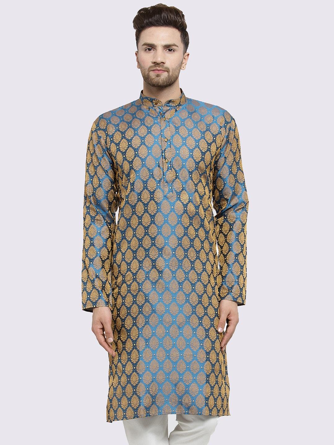 jompers men teal blue & golden woven design straight kurta