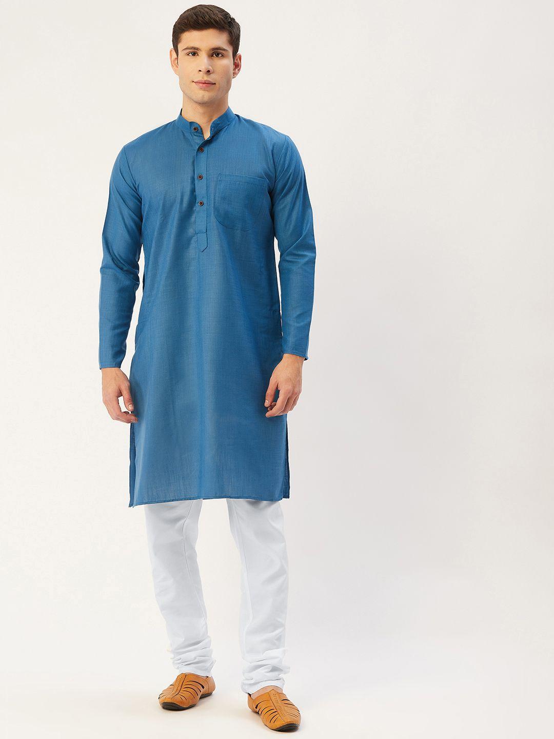jompers men teal blue & white solid pure cotton kurta with churidar