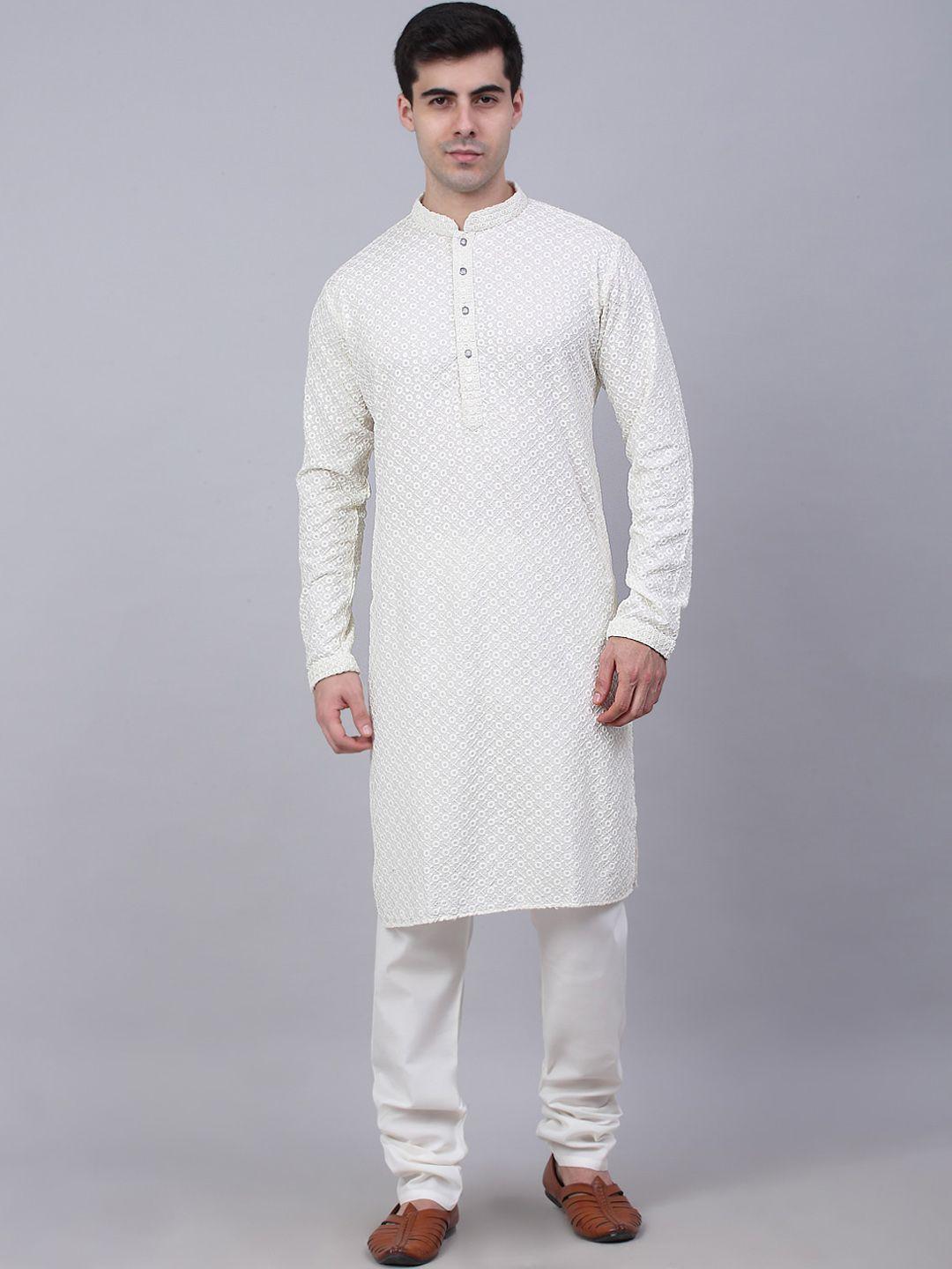 jompers men white floral embroidered thread work pure cotton kurta with churidar