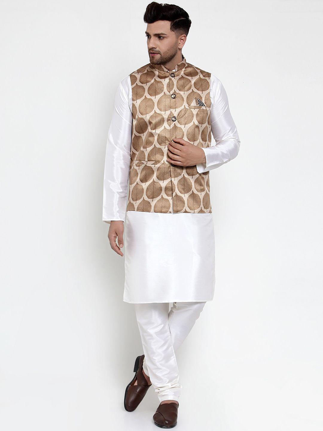 jompers men white solid kurta set with nehru jacket