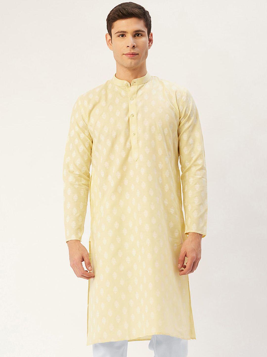 jompers men yellow & white ethnic motifs printed kurta