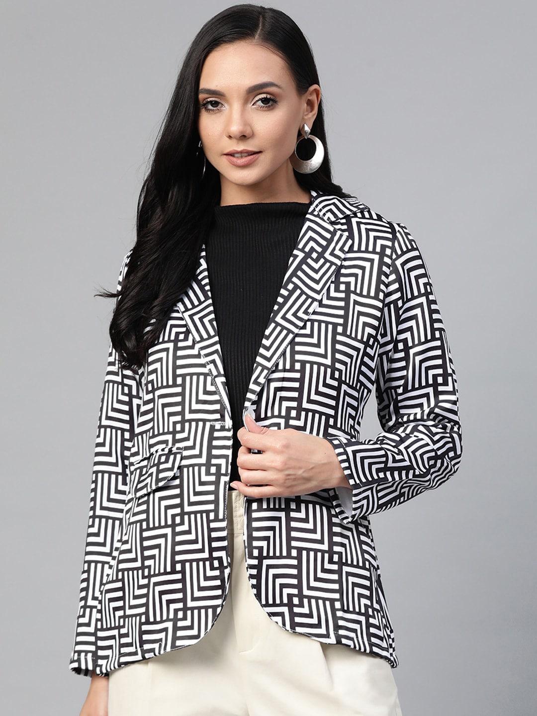 jompers women black & white printed single-breasted casual blazer
