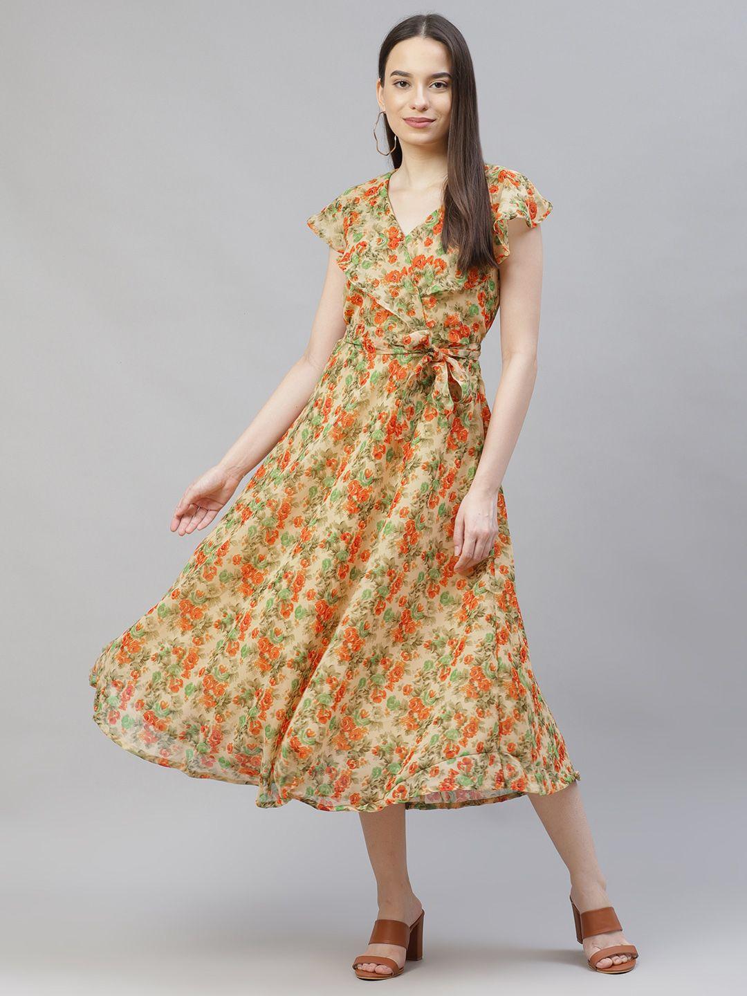 jompers beige & orange floral layered ethnic a-line midi dress