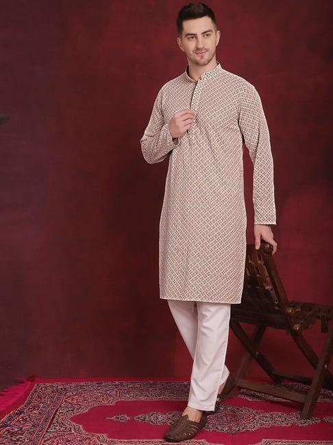 jompers beige & white regular fit embroidered kurta bottom set