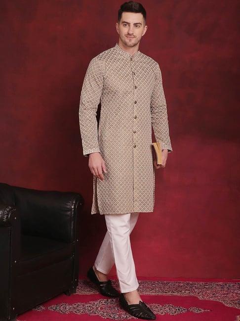 jompers beige & white regular fit embroidered kurta bottom set