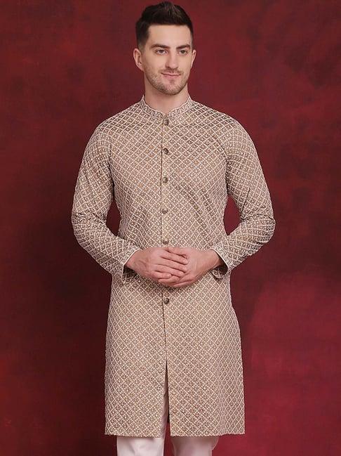 jompers beige regular fit embroidered kurta