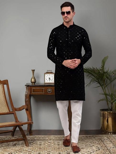 jompers black & white regular fit chikankari embroidered kurta & pyjamas set