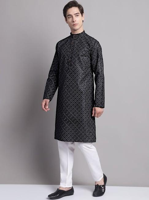 jompers black & white regular fit printed cotton kurta & pyjamas set