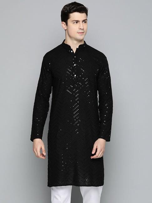 jompers black regular fit chikankari embroidered kurta