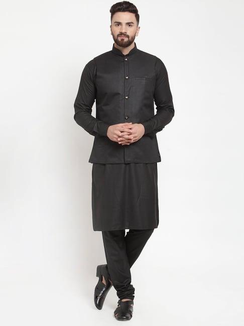 jompers black regular fit kurta set & nehru jacket