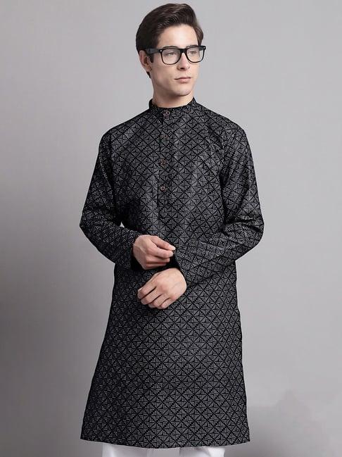 jompers black regular fit printed cotton kurta