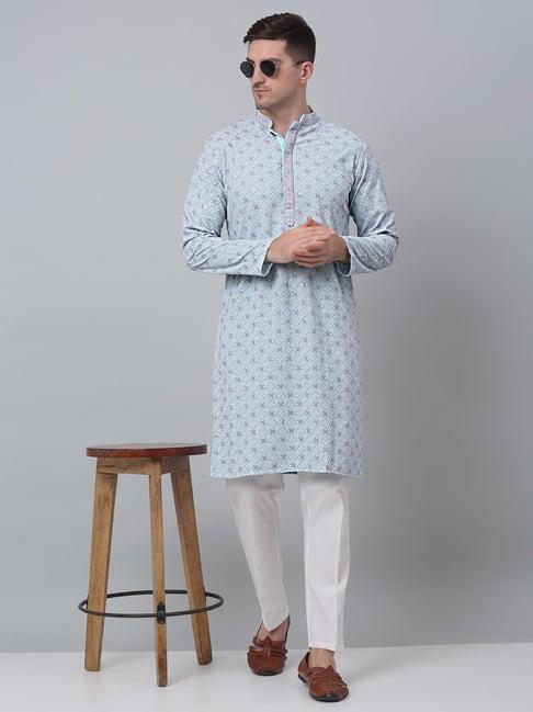 jompers blue & white pure cotton regular fit chikankari kurta bottom set