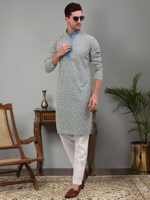 jompers blue & white regular fit embroidered cotton kurta & pyjamas set