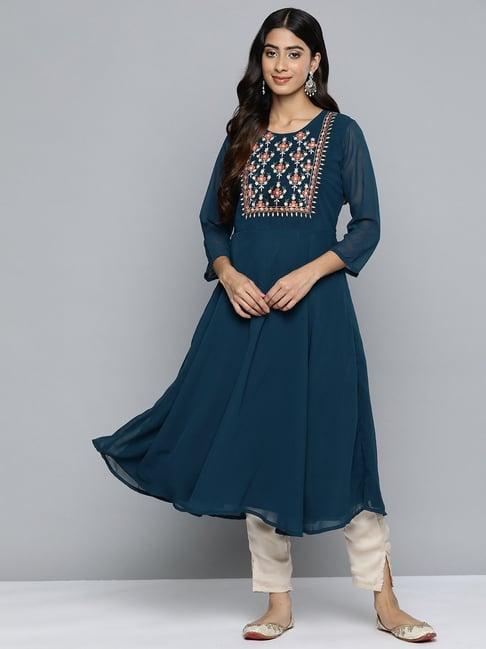 jompers blue embroidered flared kurta