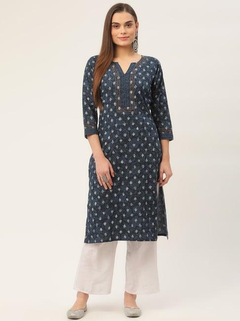 jompers blue pure cotton floral print straight kurta