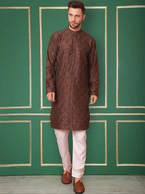 jompers brown & white regular fit chikankari kurta bottom set